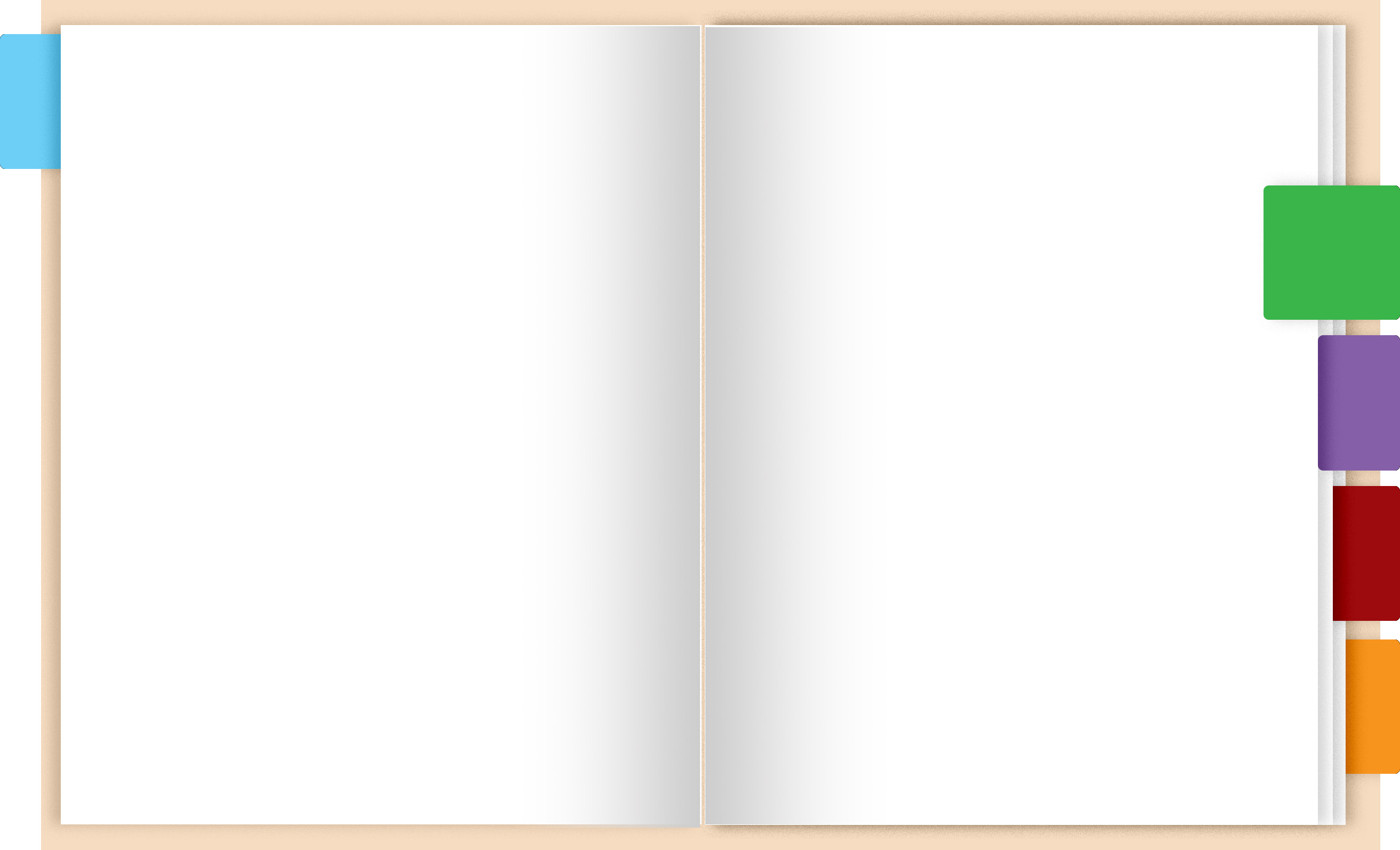 Image of an open file folder with colorful tabs on the right, one blue tab is on the left, the file is open to the green tab